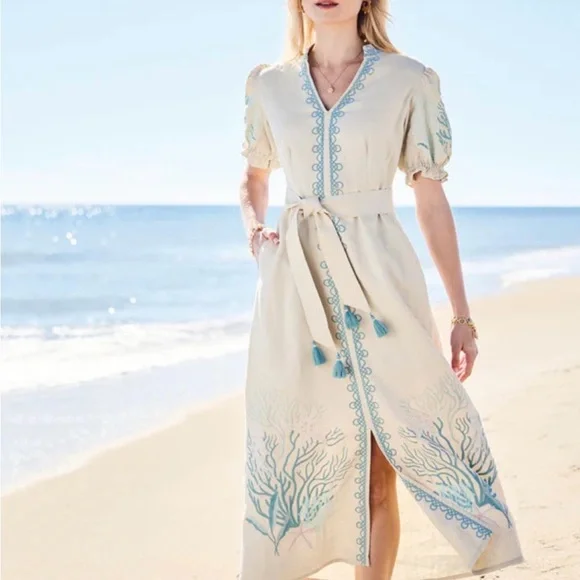 Spartina 449 | Cream Linen Dress with Blue Tassel Belt - Picture 6 of 7
